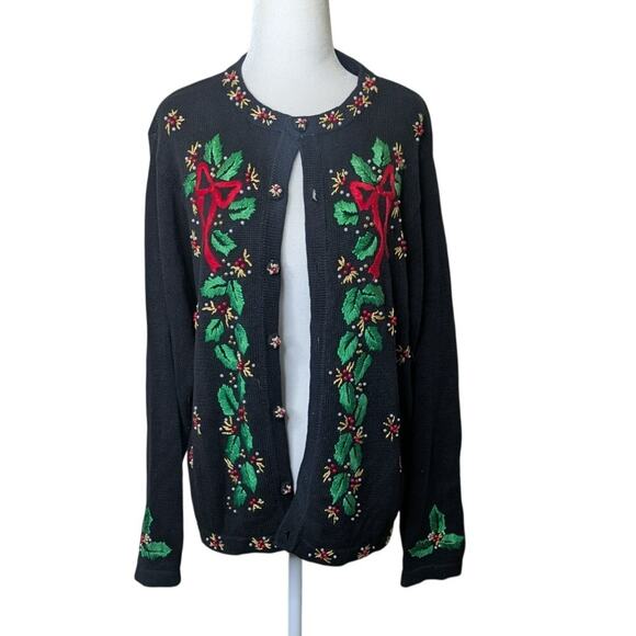 Vintage B.P. Designs black embroidered Christmas holiday sweater cardigan size L - Picture 1 of 10
